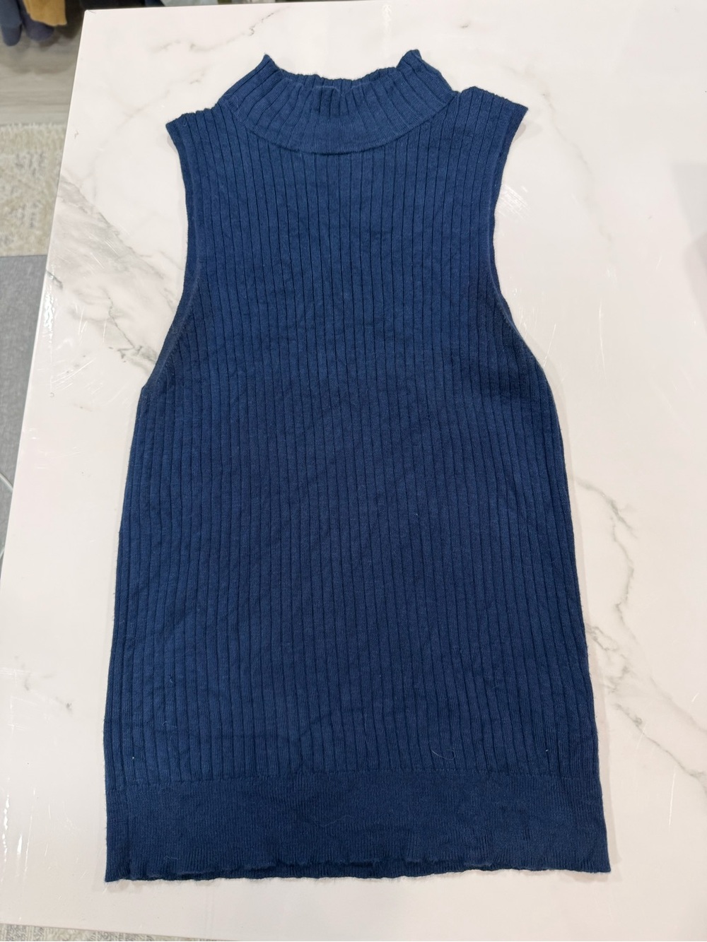 Express Mock Neck Ribbed Tank Top Navy Blue Med